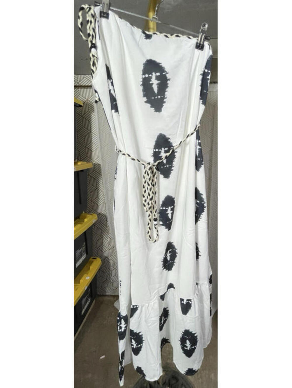 NWT Eco Wish Womens One Shoulder Tie Midi Dress White/Black S Small